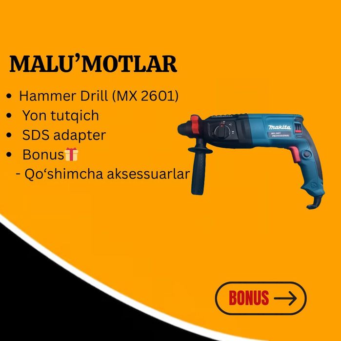 Makita MK 2601 Professional Zarbali Burg‘u + Bonus To‘plam