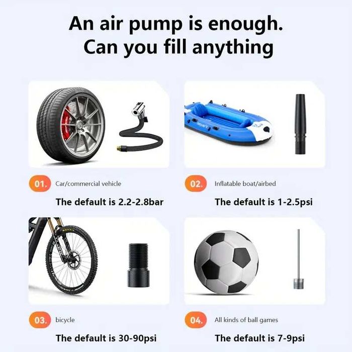 Преносим компресор за гуми помпа за гуми LED дисплей вградена батерия