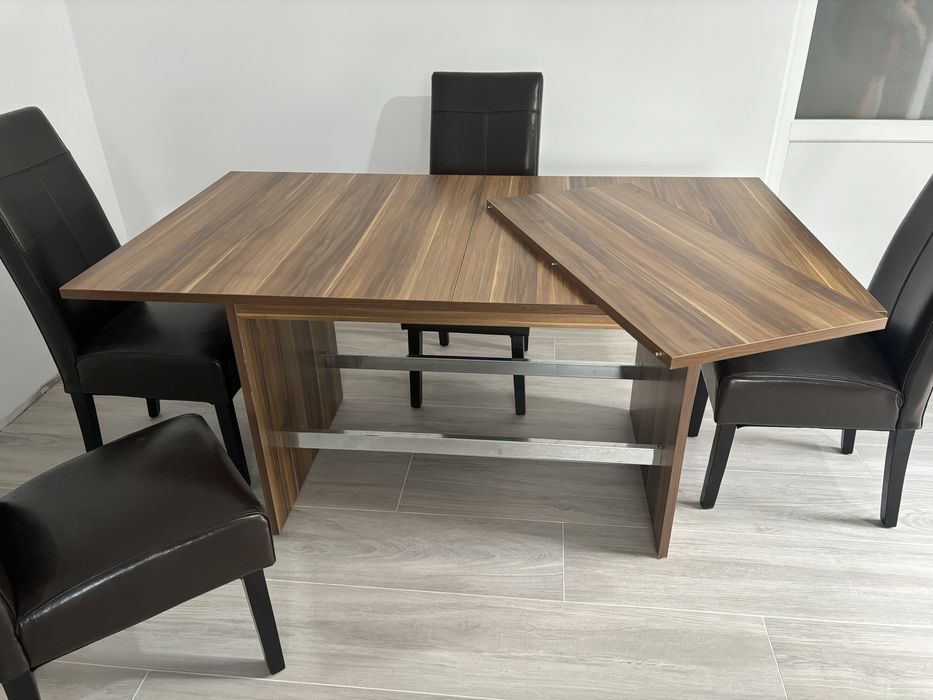 Vand masa extensibila 160/90/76 + 4 scaune din piele maro inchis
