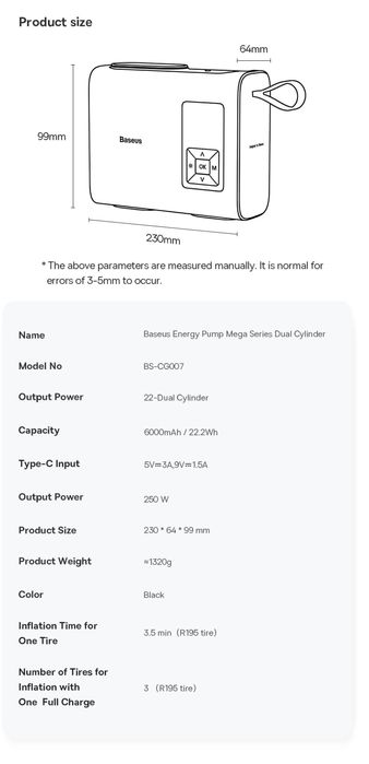 Автомобильный насос Baseus 6000mAh Energy Pump Mega Dual Cylinder