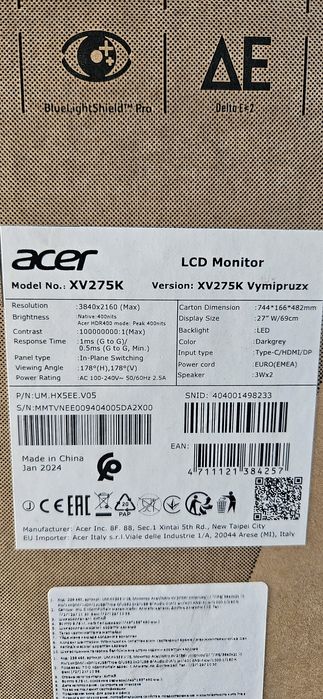 Монитор Acer Nitro XV275KVymipruzx 27 ", IPS, 4K UHD