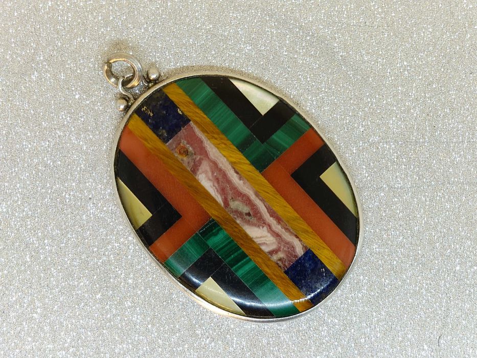 Pandantiv vintage din argint etnic Navajo cu mozaic de pietre naturale