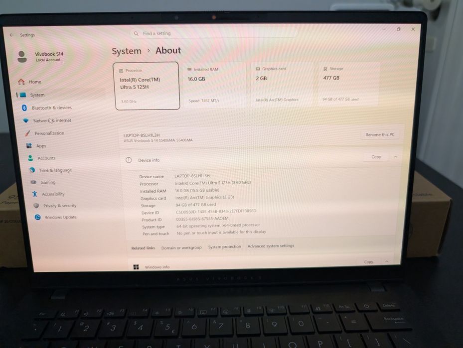 Laptop ASUS Vivobook S14 OLED ALUMINIU ÎN GARANȚIE Intel Core Ultra 5 125H 4.5GHz 14.0'' OLED 16GB LPDDR5X 512GB SSD Intel Arc Windows 11 PRO zenbook
