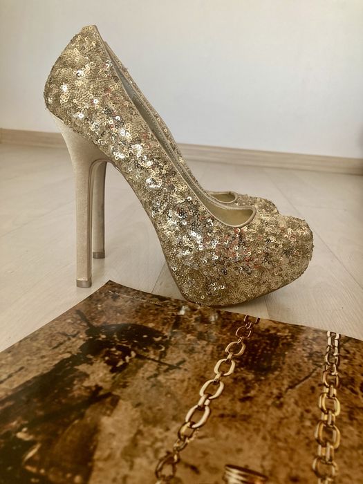Pantofi Steve Madden din piele,  aurii cu paiete