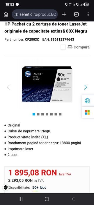 Cartus Toner original 80x CF280XD Negru HP LaserJet PRO 400 M4