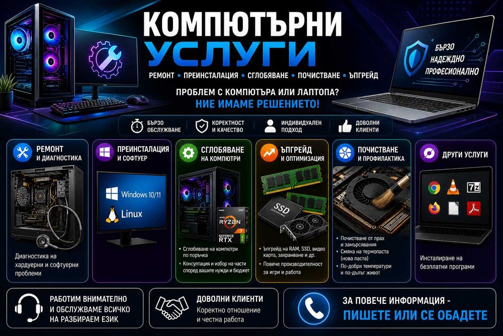Ремонт на компютри и лаптопи | Преинсталация | Сглобяване | Почистване