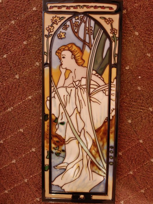 Placă ceramică decorativă mare în stil Art Nouveau – Plachetă elegantă de perete 40×20 cm