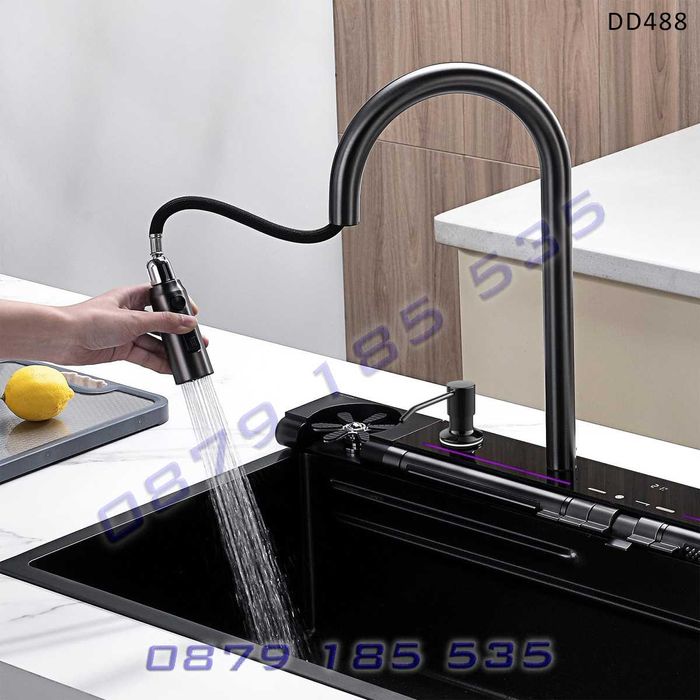 Лукс черна мивка водопад функции дисплей модерна качество чешма кухня
