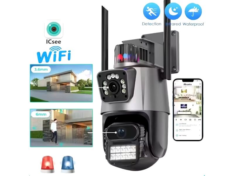 Двойна външна въртяща WiFi AI камера 8MP с два обектива, ICSee, Черна