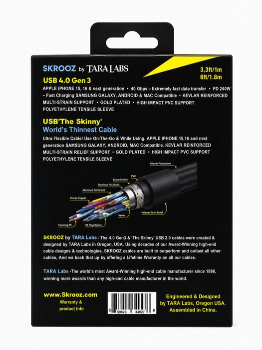 Set 2 Cabluri USB-C Premium SKROOZ by TARA Labs – USB4 40Gbps | PD 240W | Kevlar Reinforced