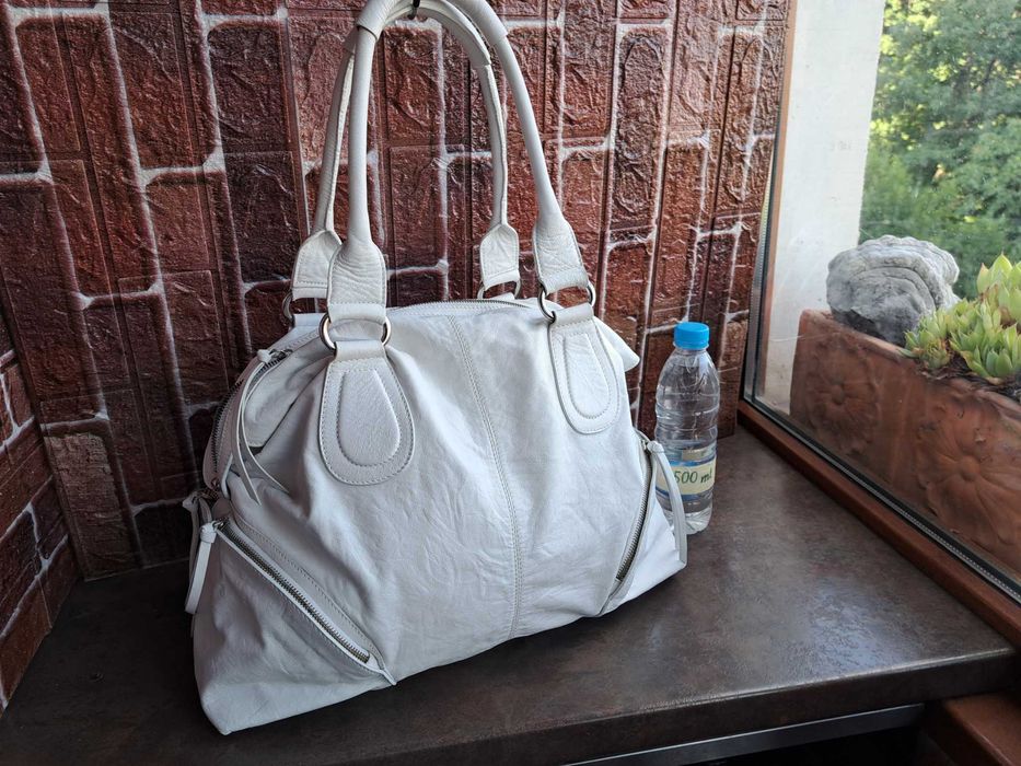 дамска чанта,Fabiana,голяма бяла торба-естествена кожа