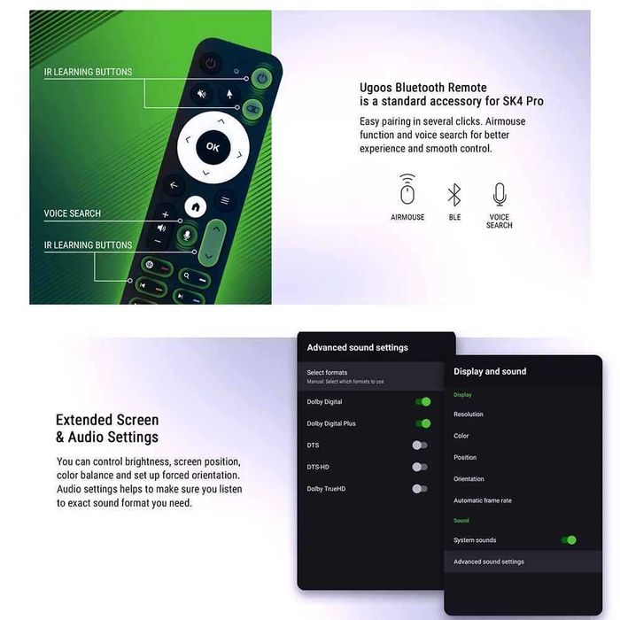 Тв бокс UGOOS SK4 Pro Amlogic S905X5M-K Android 14 LPDDR4 4G64G Поддръжка на Dolby Vision Dolby Audio AI-SR AV1 2T2R WiFi6 BT5.4