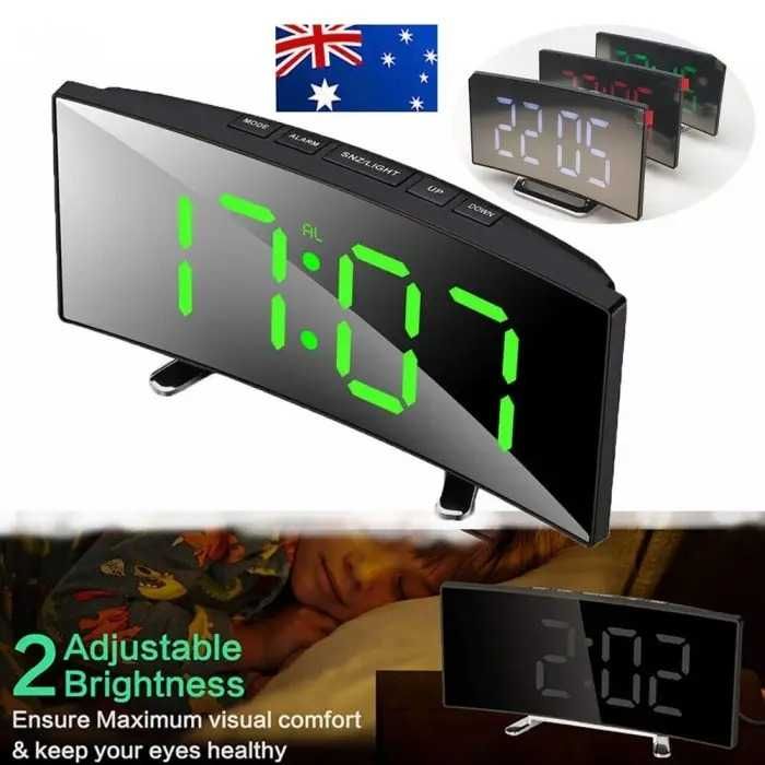 Ceas de Birou Tip Oglinda, Ecran Curbat cu Led, Mod Noapte/Zi, Alarma