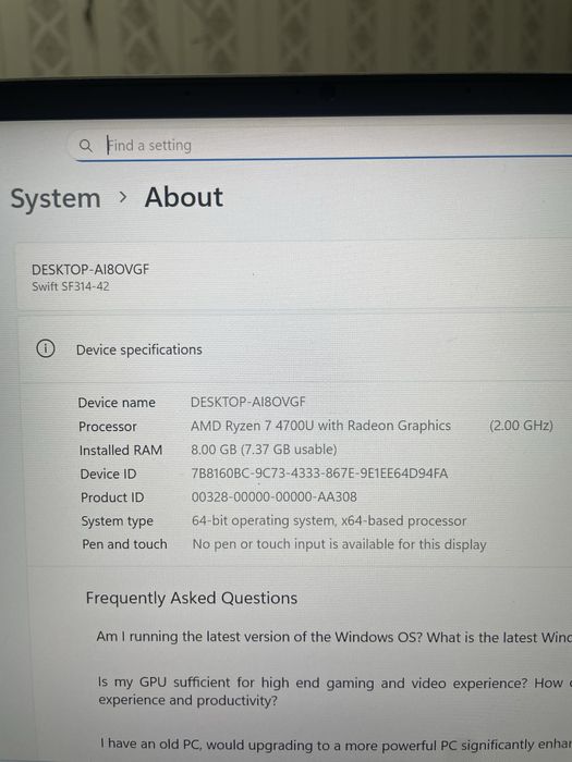 Noutbuk Acer swift 3 AMD Ryzen 7  8/512