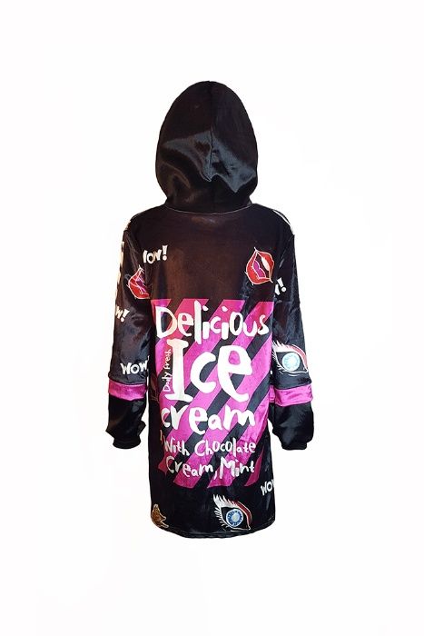 Hanorac Colorat Lung\ , Rochie cu gluga, din catifea, imprimeu desene