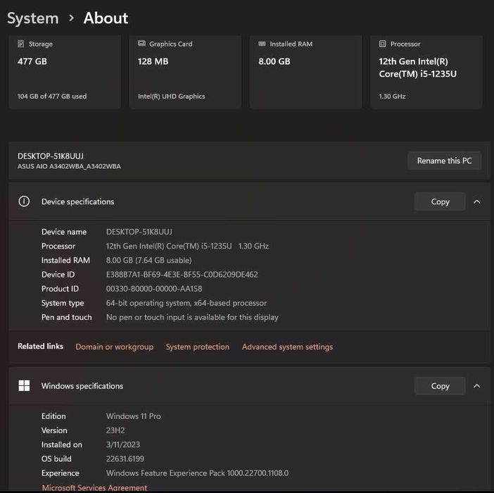 Компютър ASUS "all in one" 12th Gen Intel i5-1235U x64 1.30GHz, RAM 8GB, SSD 512GB, Graphics 128MB