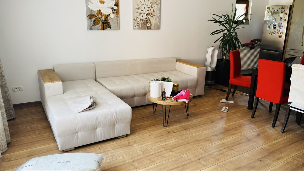 Colțar extensibil Napoli, bej, cu ladă + etajeră, 298 cm – stare foarte bună