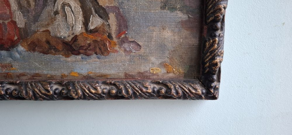 Tablou vechi, autentic, fete la sezatoare, ulei