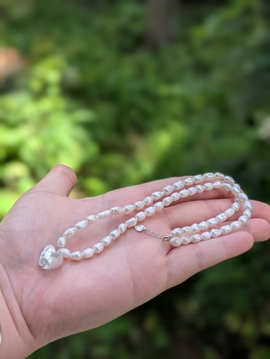 Vechi colier lant perle naturale de cultura baroc cu inchizatoare din argint de 925 si pandantiv inima