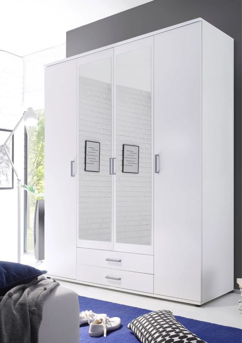 Dulap, alb, 4 uși, cu rafturi și sertare, 159×196 cm