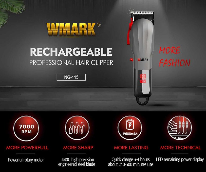 Mașină de tuns profesională WMARK NG-115, 7000 RPM, acumulator 2600 mAh, autonomie 240 minute, afișaj LED, lame 440C, 4 grătare, NOUA