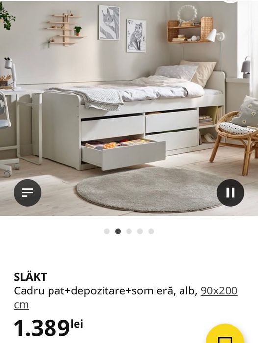 Cadru pat Slakt Ikea 90x200 cm cu depozitare+somiera+saltea+topper