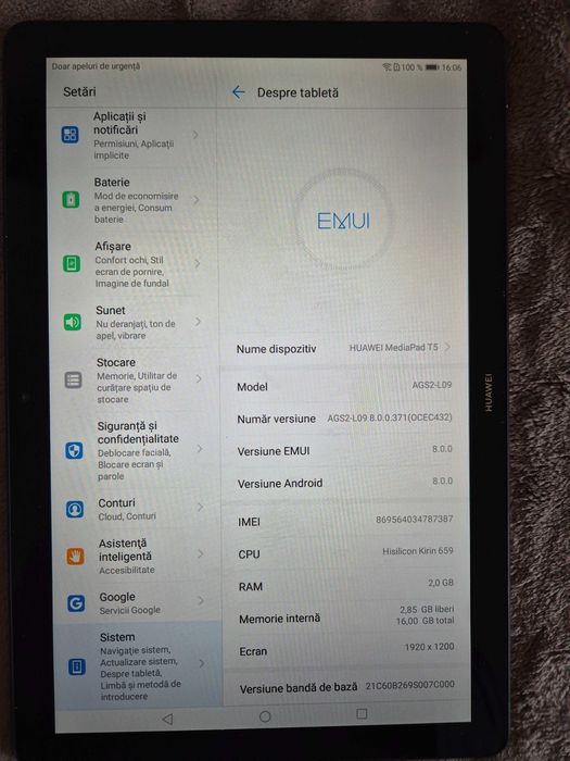 HUAWEI Mediapad T5, 2GB cu 16GB memorie, sim 4G, WiFi, model AGS2-L09