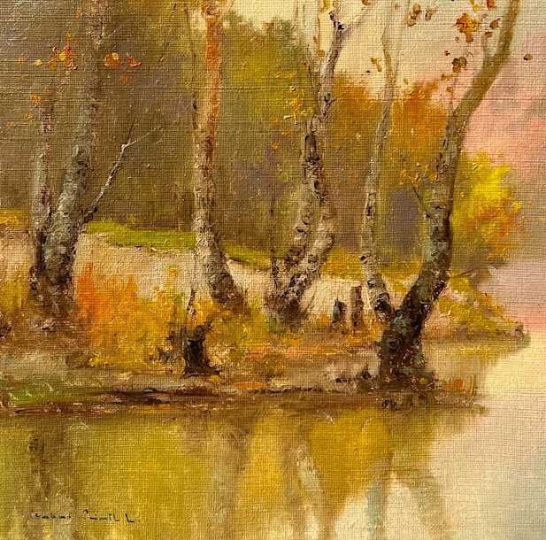 ”MESTECENI PE LAC” Tablou f VECHI, ulei/pz sac, mare 80x60cm+R, semnat