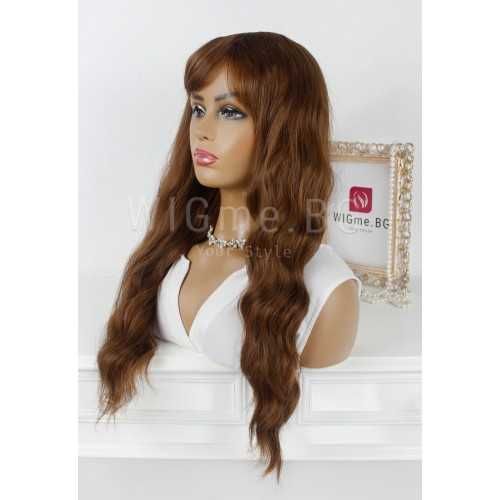 Дълга на вълни светлокестенява перука с бретон Мег