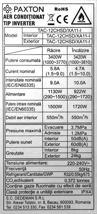 Aer conditioant Paxton 12000 BTU Inverter  cu WI-FI clasa A++
