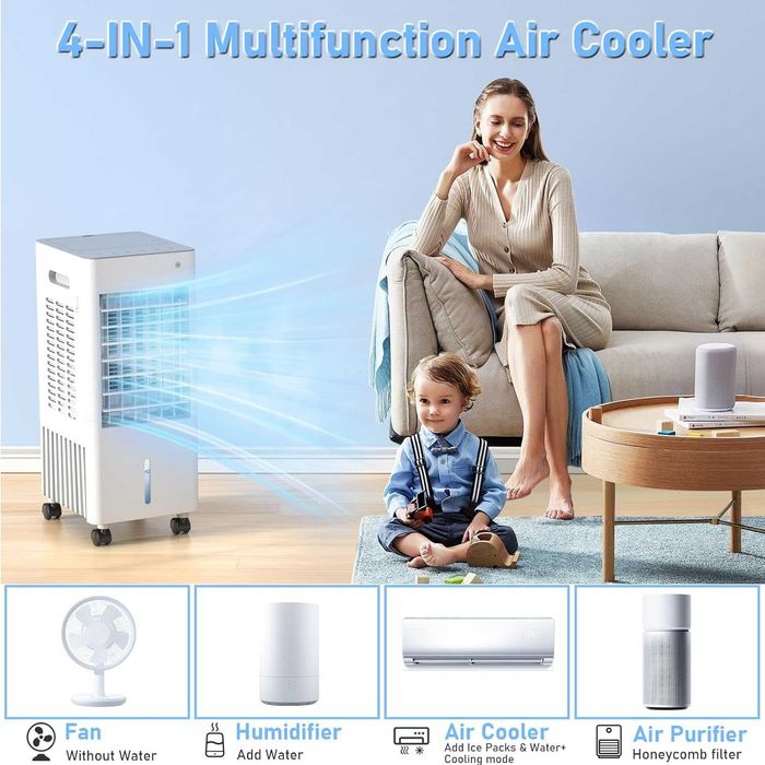 Aparat de Aer condiționat Mobil, Răcitor de aer 4 în 1--Ventilator cu Răcire cu Apă,  Răcitor prin Evaporare,  Rezervor de apă de 8 l, Telecomandă