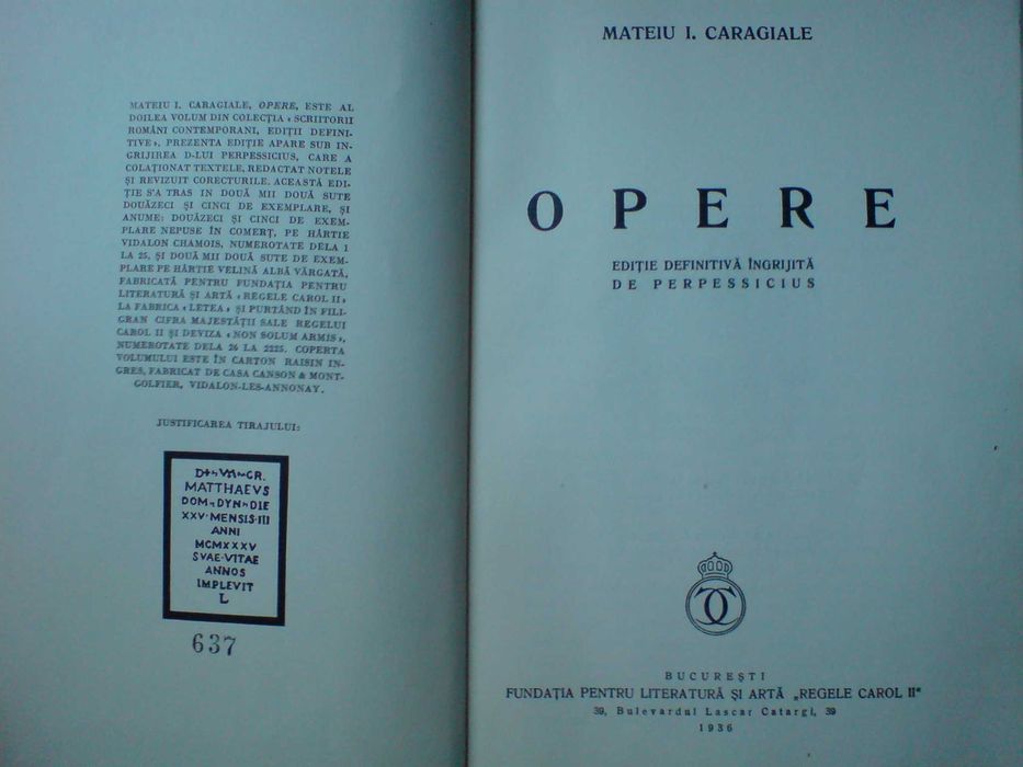 Carte Mateiu Caragiale Opere 1936
