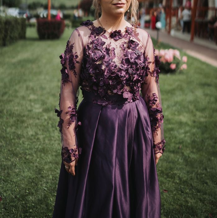 Rochie lungă, pentru majorat/banchet/nașă, mov, dantelă