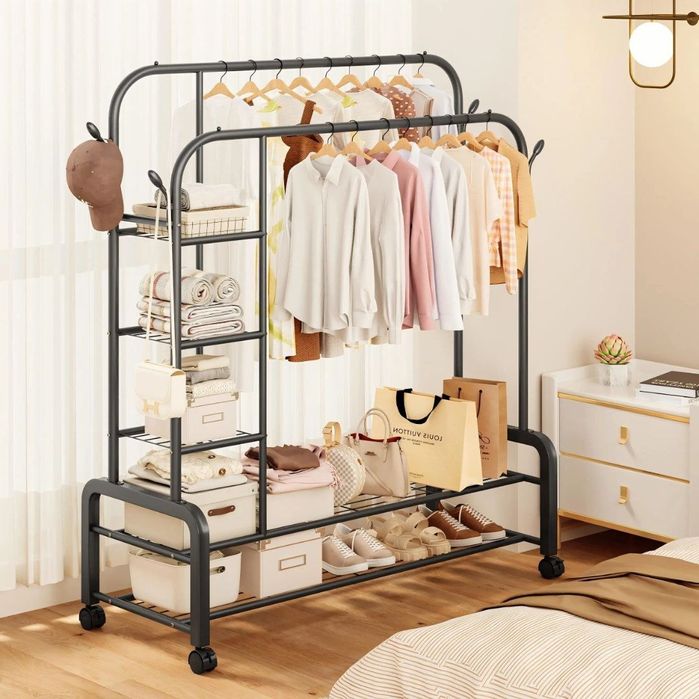 Вешалка напольная с полками и колёсами