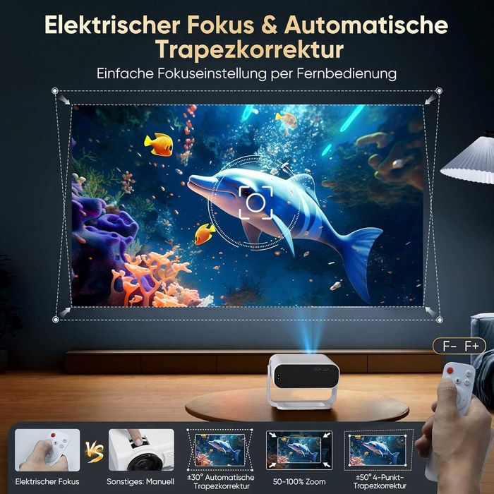 Proiector 2026 cu aplicație integrată, Android 14, Full HD 1080P, suportă decodare 4K, 20000 lumeni, corecție automată
