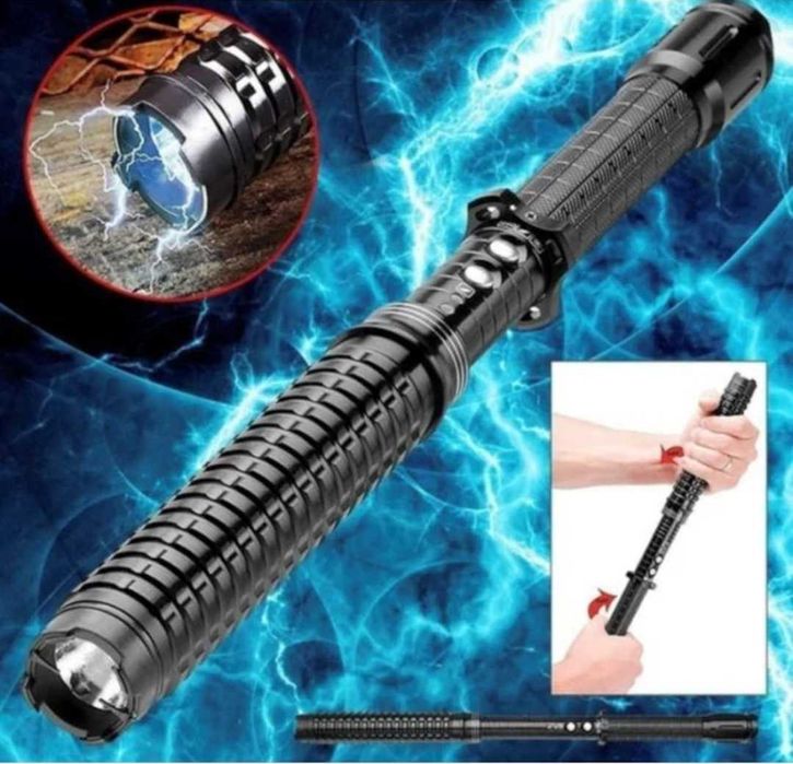 Baston telescopic cu Electroșoc și Lanterna LED , material aliaj Lungime deschis 50cm / Baston electrosoc autoaparare metalic HY-X10