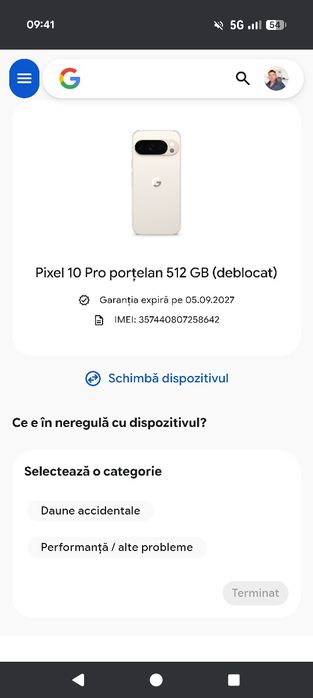 Google Pixel 10 Pro, 16GB RAM, 512 GB ,5G, Porcelain, Impecabil !