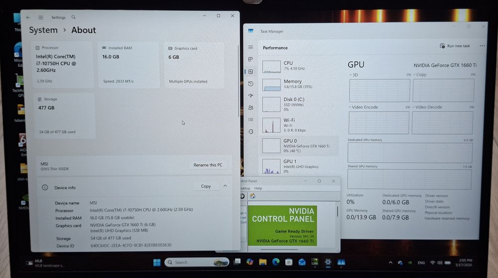 15.6' IPS 144hz MSI GF65 Core i7-10750H/GTX 1660Ti 6GB/16GB/512GB SSD