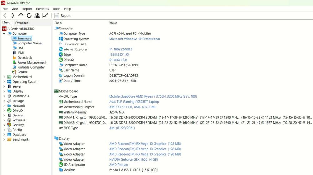 Геймърски лаптоп ASUS TUF FX505DT – Ryzen 7 3750h, 32GB RAM, GTX 1650