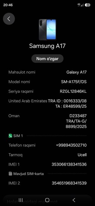 Samsung A17 yangi karopka 7 kun ishlatilgan srochna sotiladi