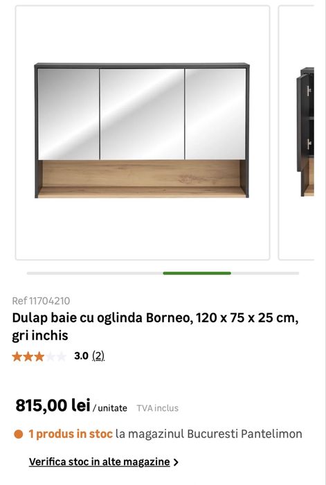 Dulap baie oglindă 120 cm Borneo – NOU, montat, gri închis
