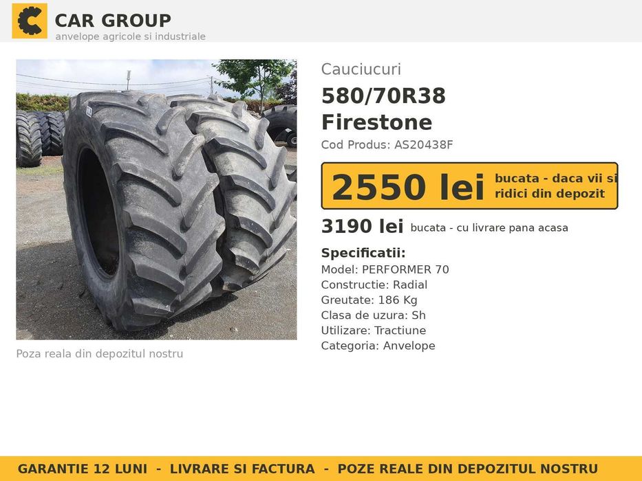 Anvelope Cauciucuri 580/70R38 20.8R38 580/70 R38 580/70-38 580 70 R38 5807038 Firestone Tractor Punte Spate Tractiune SH Second Hand VERIFICATA Oferta