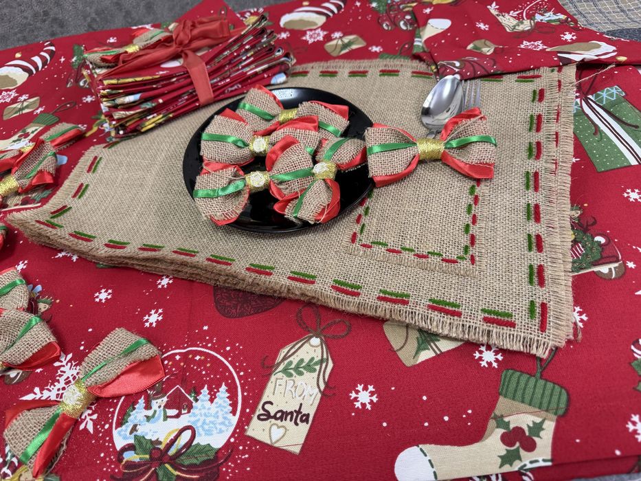 Новогдний сервизный набор на 12 персон, льнянная ткать Турция