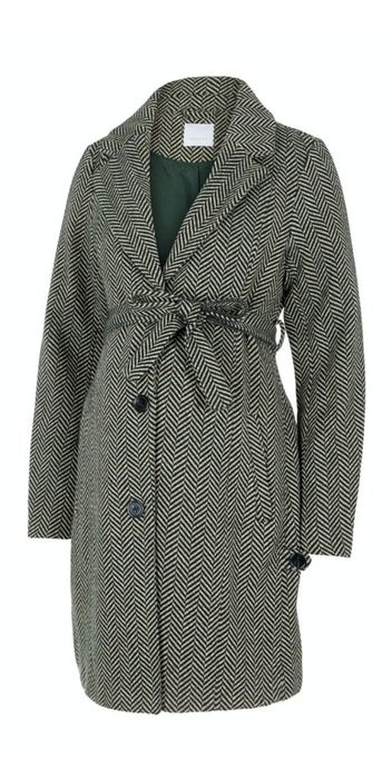 Palton S Mamalicious cu 20% lana, in V, cu cordon alb negru