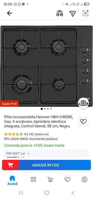 Plita heinner 4 arzatoare 58cm negru gaz