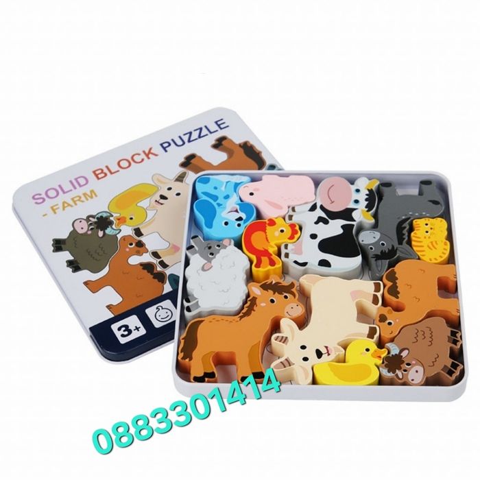 Дървен пъзел Животни 3D пъзел в метална кутия