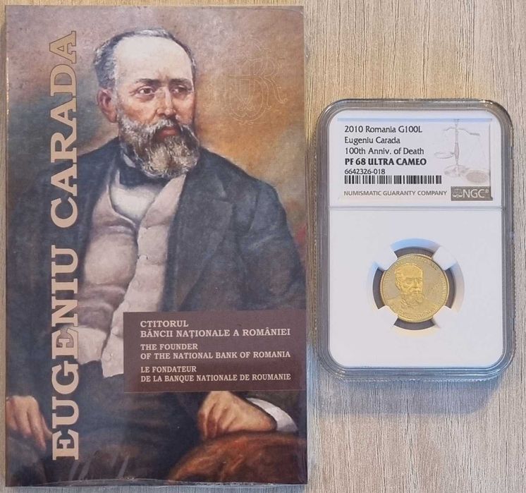 Moneda aur BNR 100 Lei, Eugeniu Carada, gradata NGC PF 68 UC