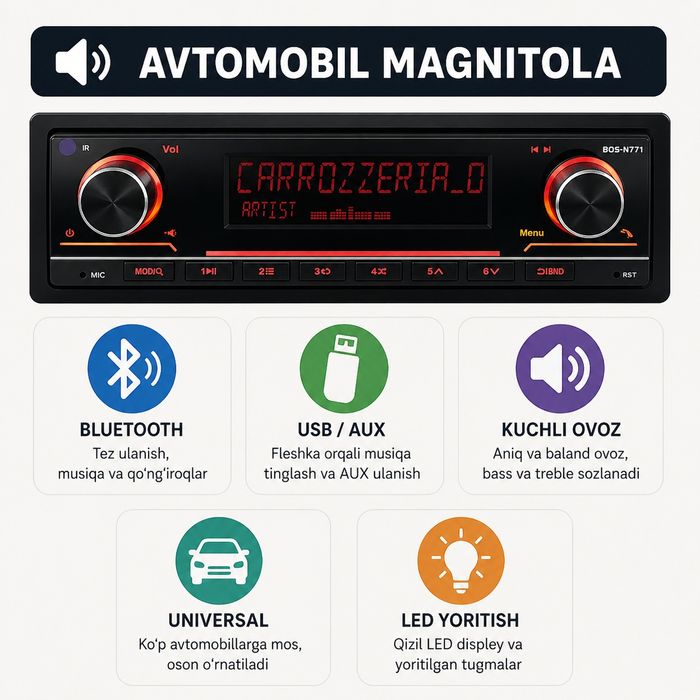Magnitafon Bluetooth USB AUX Radio rangi oʻzgaradi