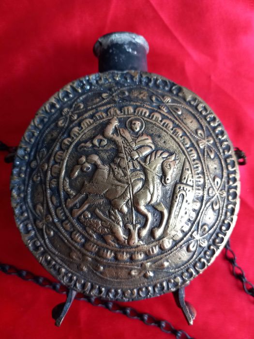 19Век Стара Бронзова Барутница,Барутник Свети Георги