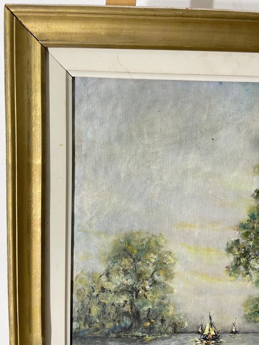 Tablou Original, Peisaj Fluvial cu Vele, Semnat, Ulei pe Pânză